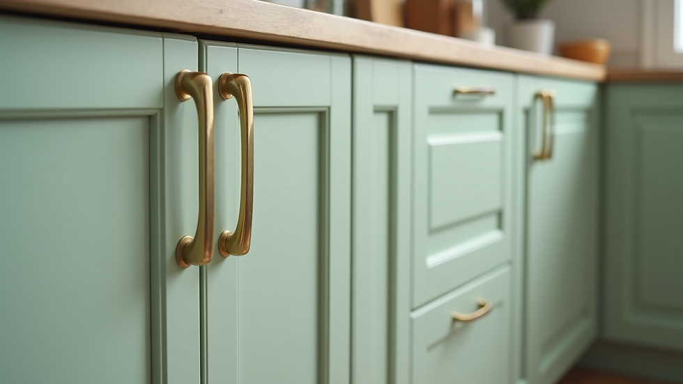 Close-up view of kitchen cabinet doors painted in soft sage green with brass handles