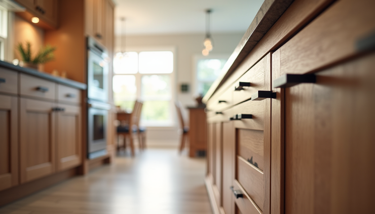Eye-level view of a newly installed custom wooden kitchen cabinet with sleek handles near Mason OH