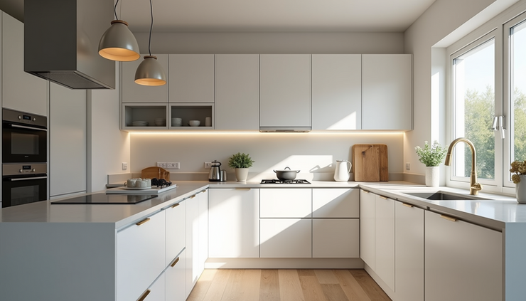 Eye-level view of a modern kitchen with new cabinets and countertops