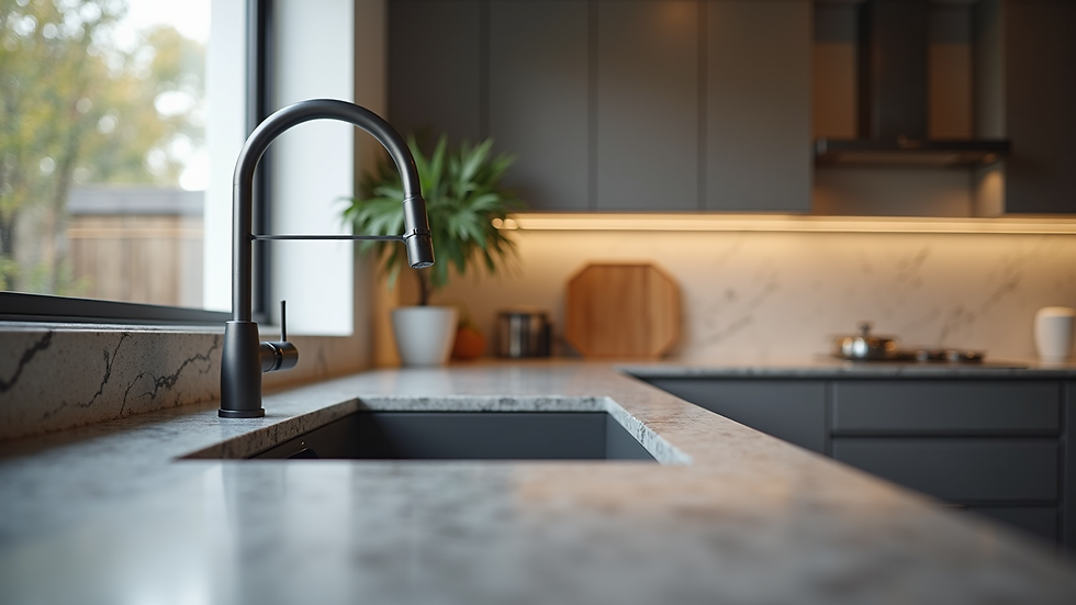 Close-up view of a kitchen countertop with granite surface and modern faucet