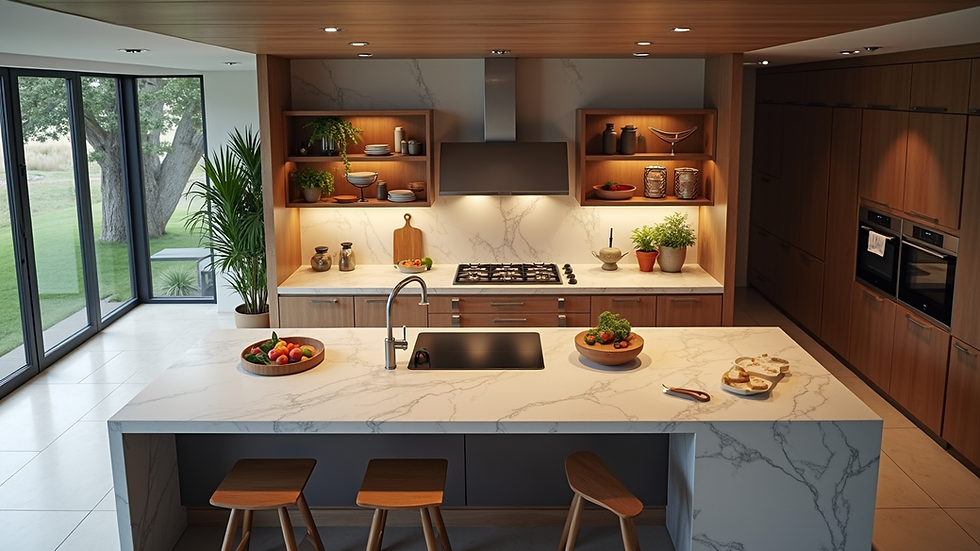 High angle view of a kitchen island with multiple zones including prep and dining areas