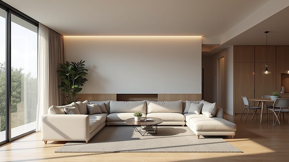 Eye-level view of modern living room with open floor plan