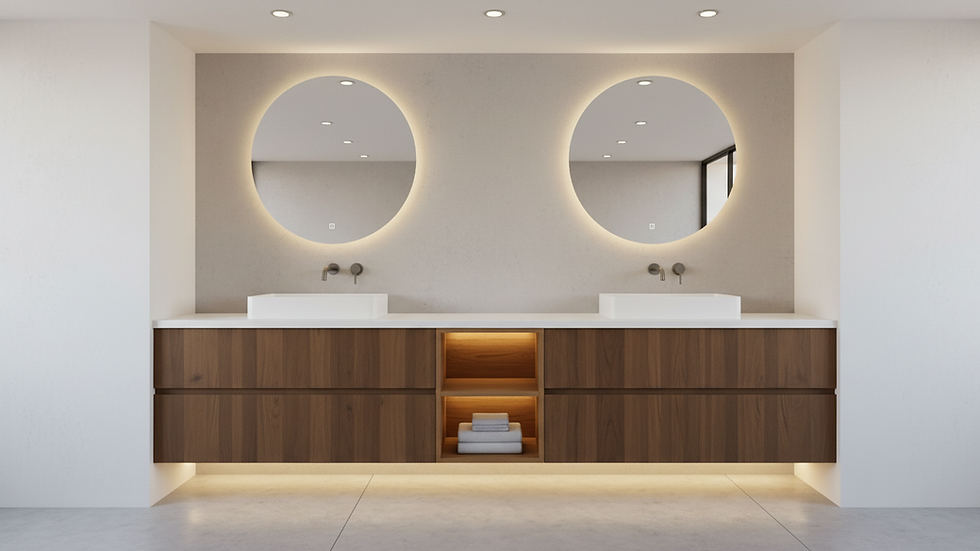 Eye-level view of a modern RTA bathroom vanity with a white countertop and wood finish