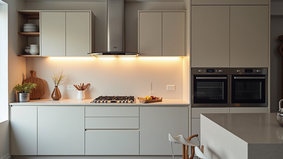 High angle view of a finished kitchen remodel with modern appliances and lighting