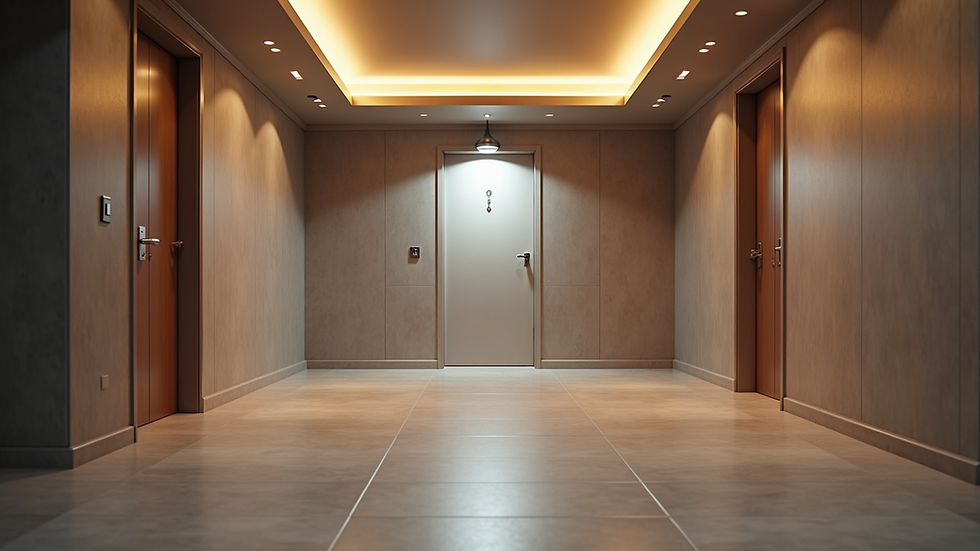Eye-level view of a newly finished basement with modern lighting and flooring