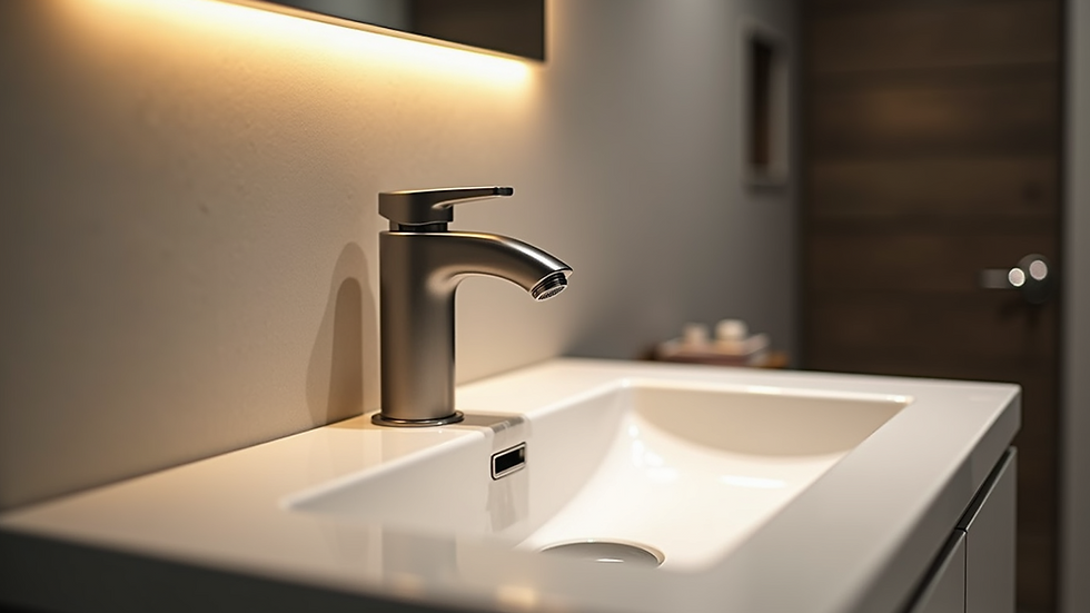Eye-level view of modern bathroom sink with new faucet and lighting