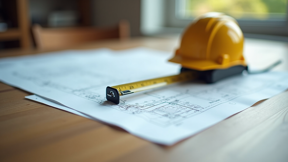Close-up view of construction blueprints and a measuring tape on a wooden table