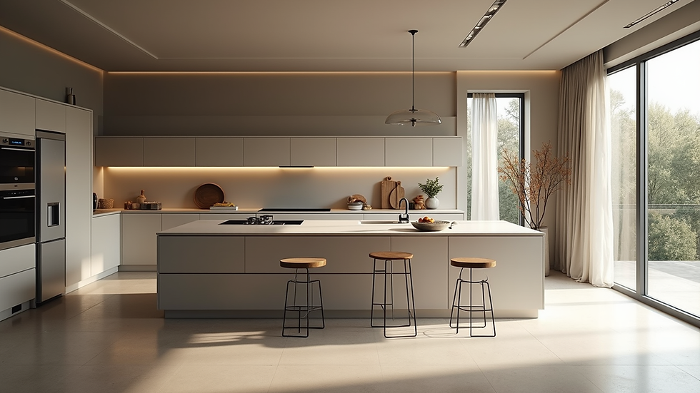 High angle view of a spacious kitchen with island and modern appliances