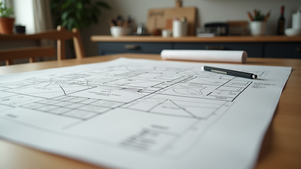 Eye-level view of a kitchen layout plan on a table