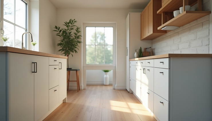 Eye-level view of a modern kitchen renovation in progress showing cabinetry and countertops