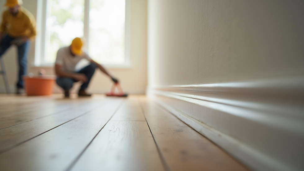 Close-up view of a contractor installing baseboard trim along a wall