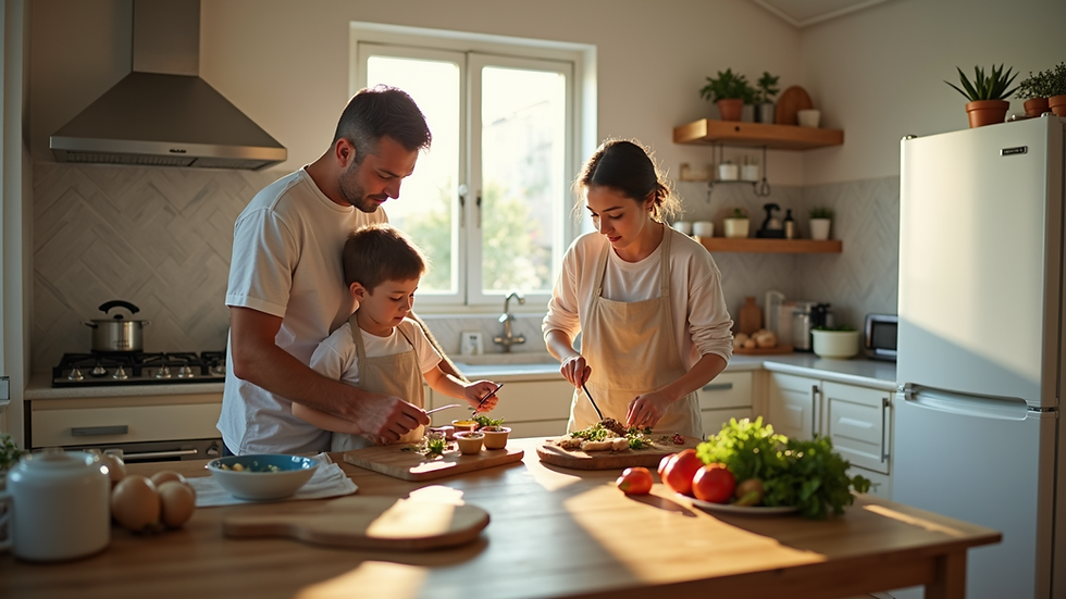 High angle view of a family cooking together in a remodeled kitchen with bright lighting
