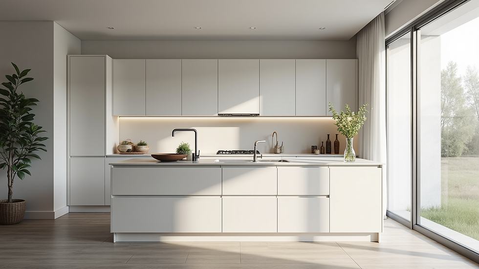 Eye-level view of a modern kitchen with white cabinets and a large island