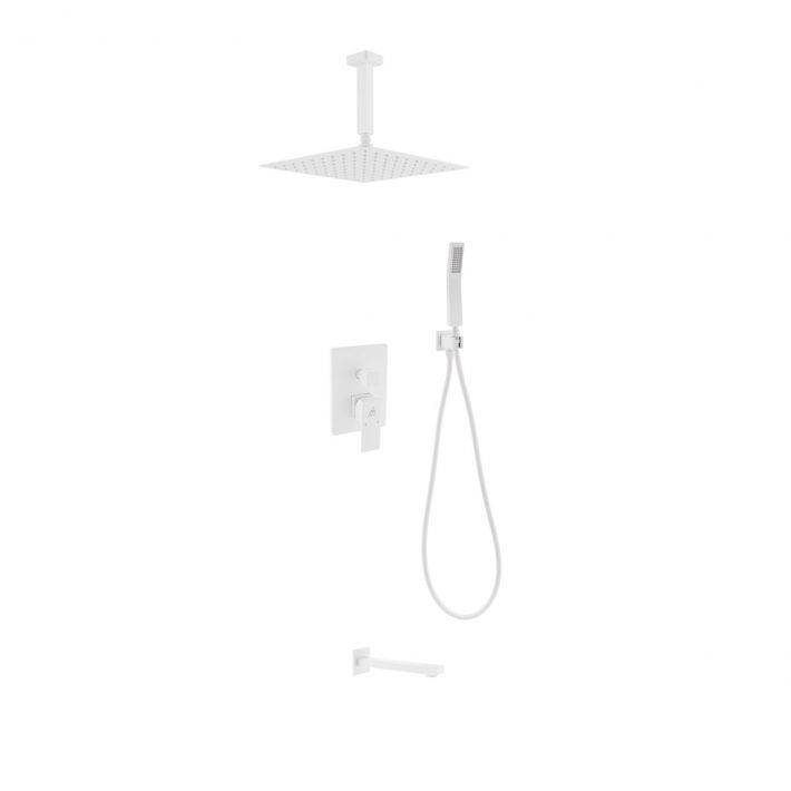 AQUA PIAZZA WHITE SHOWER SET W/ 12″ CEILING MOUNT SQUARE RAIN SHOWER, HANDHELD A