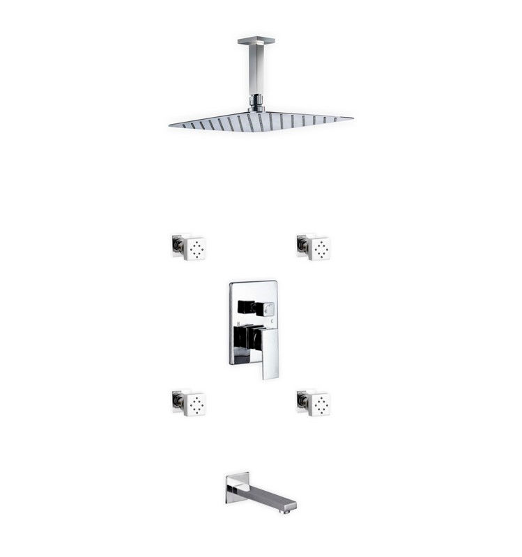 AQUA PIAZZA SHOWER SET W/ 12″ CEILING MOUNT SQUARE RAIN SHOWER, TUB FILLER AND 4