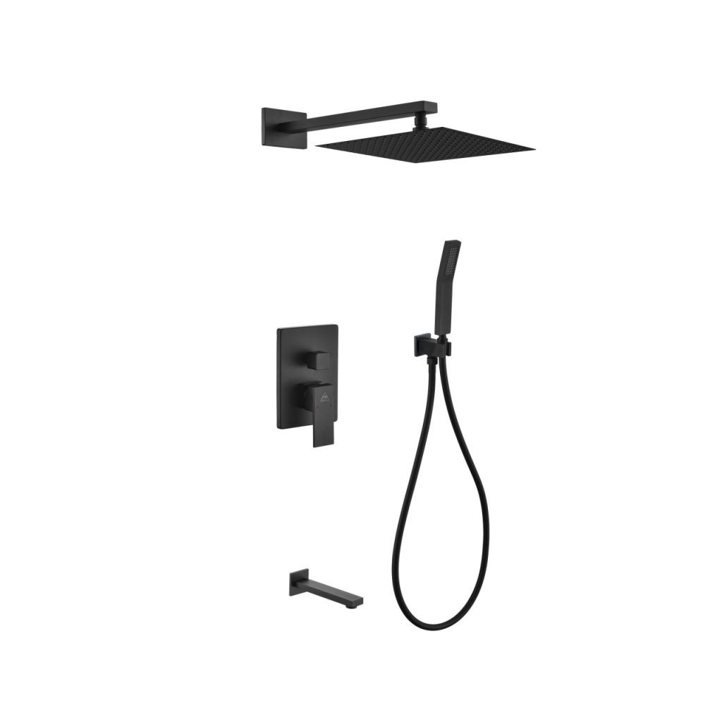 AQUA PIAZZA BLACK SHOWER SET W/ 8″ SQUARE RAIN SHOWER, TUB FILLER AND HANDHELD