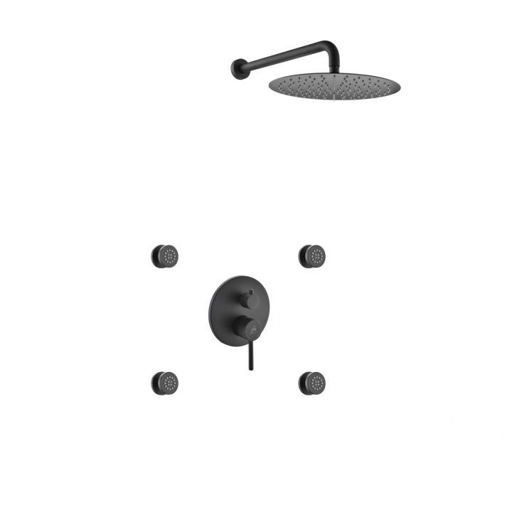AQUA RONDO BLACK BRASS SHOWER SET W/ 8″ ROUND RAIN SHOWER AND 4 BODY JE