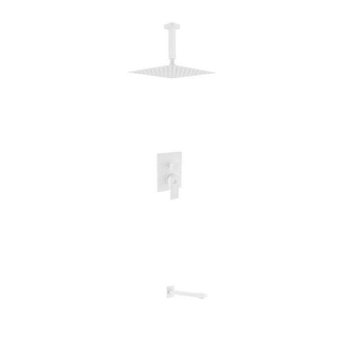 AQUA PIAZZA WHITE SHOWER SET W/ 12″ CEILING MOUNT SQUARE RAIN SHOWER AND TUB FIL