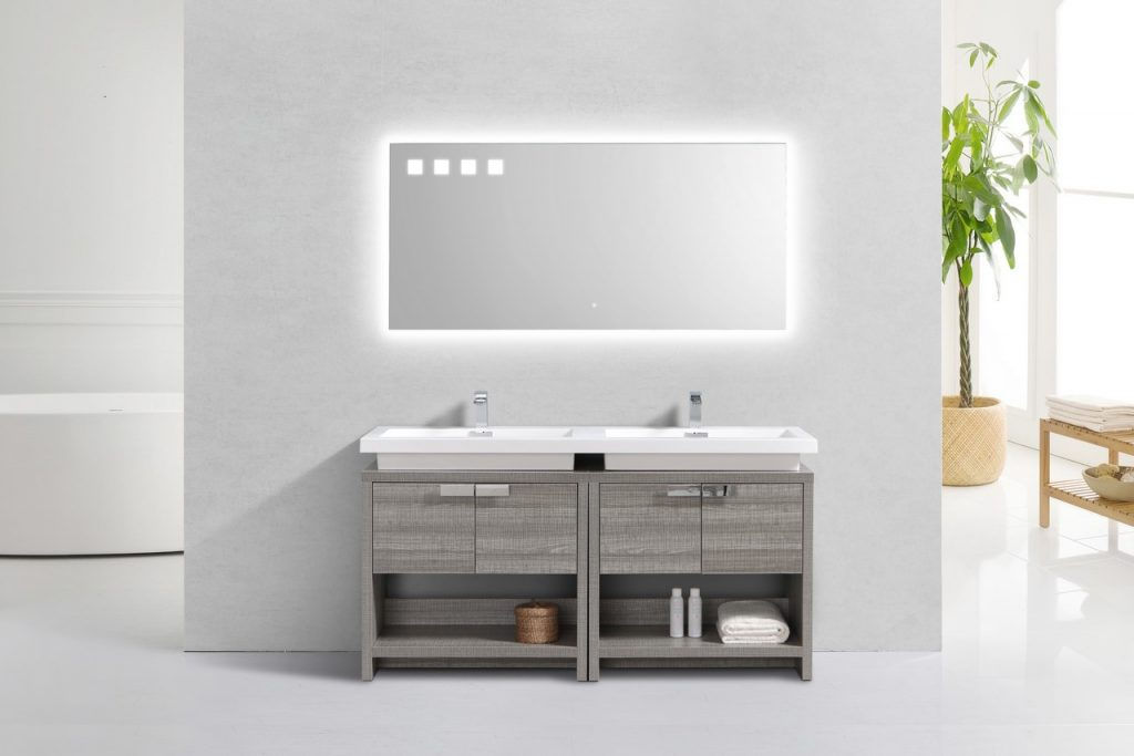 LEVI 63″ ASH GRAY DOUBLE SINK MODERN BATHROOM VANITY W/ CUBBY HOLE