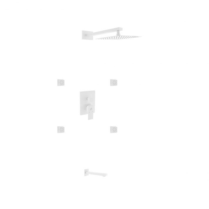AQUA PIAZZA WHITE SHOWER SET W/ 12″ CEILING MOUNT SQUARE RAIN SHOWER, TUB FILLER