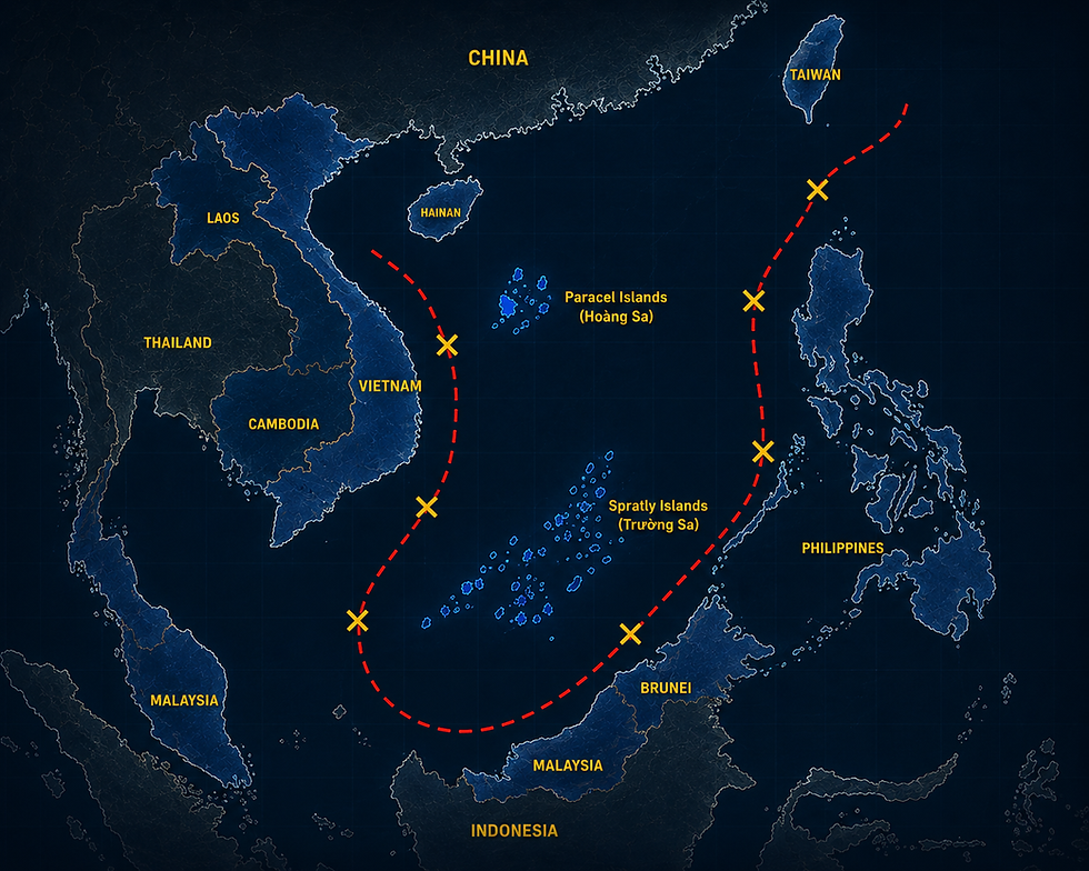 South China Sea map with red dashed U-shaped boundary around disputed islands near Vietnam and the Philippines.