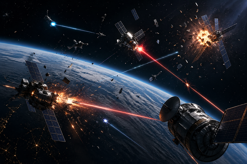 Space battle with satellites firing red and blue lasers. Explosions and debris scatter near Earth. Dark, intense, and action-packed scene.