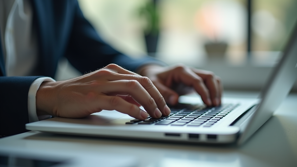 Close-up view of a person’s hands typing on a laptop keyboard during a virtual consultation