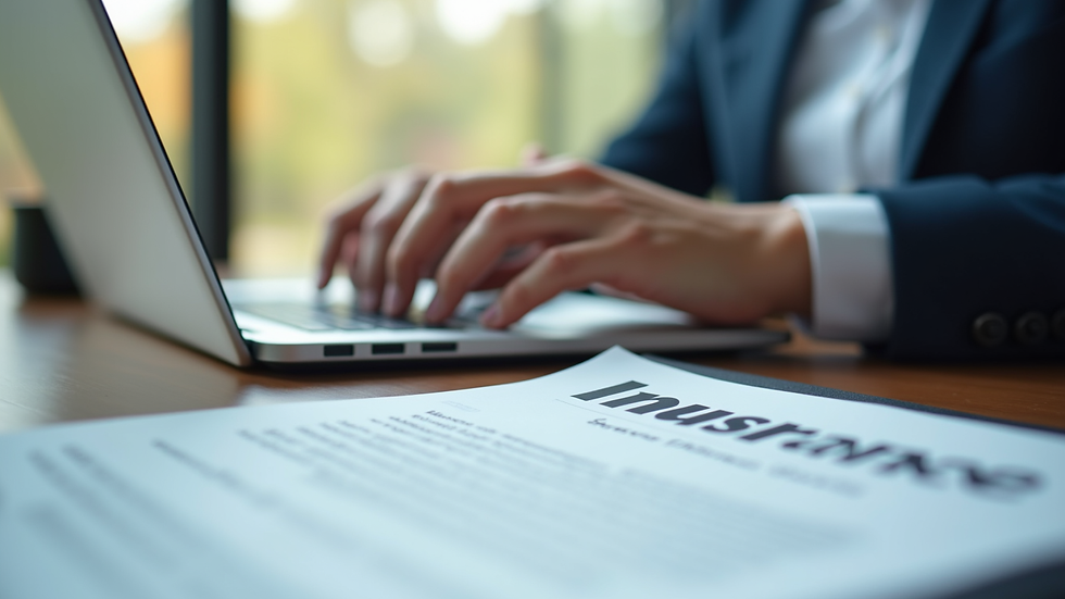 Close-up view of a person typing on a laptop with insurance documents nearby