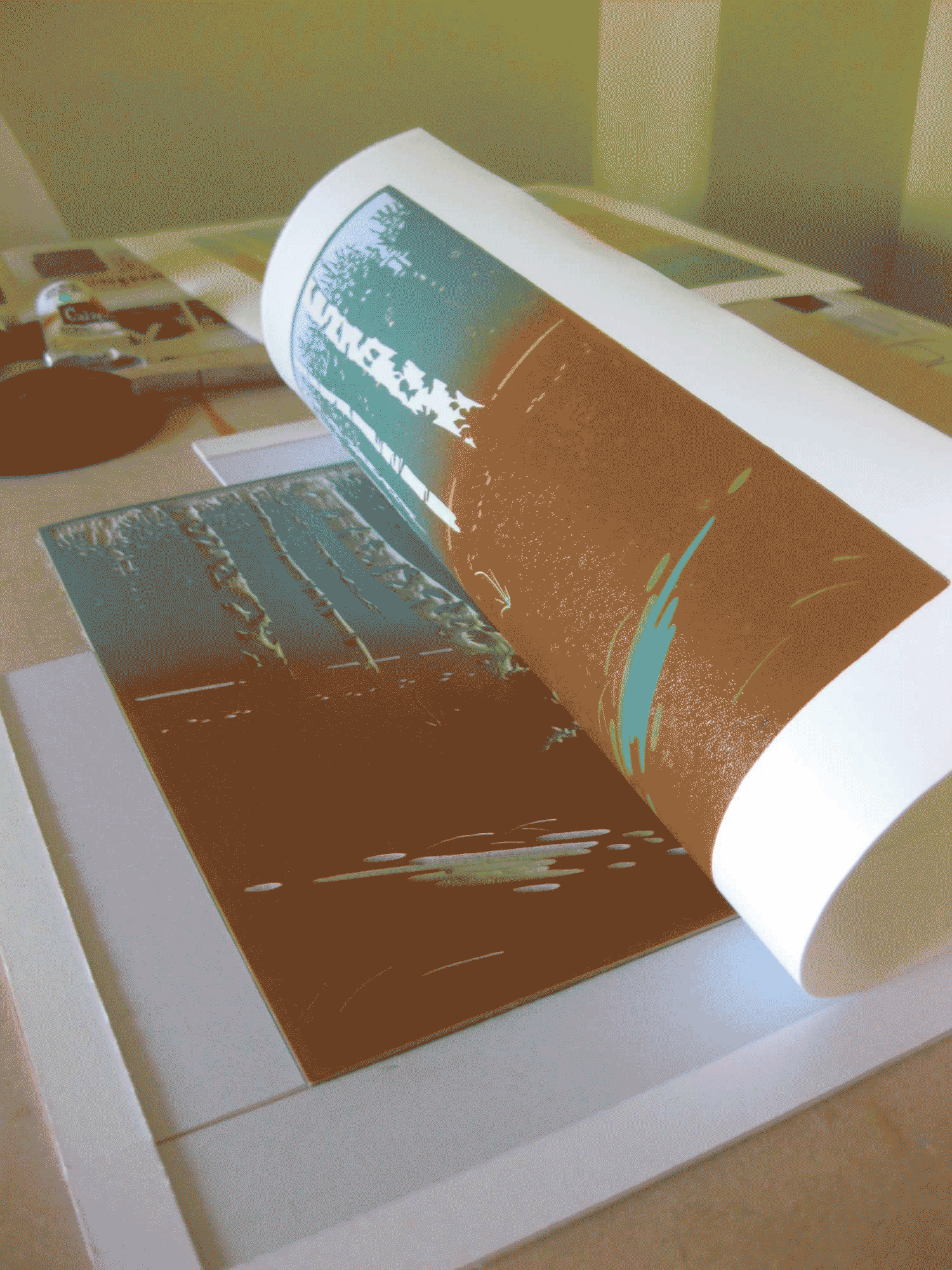 Taking the second impression of the lino print