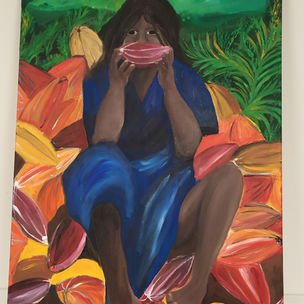 ציור: אישה בבגד כחול יושבת ביןי.