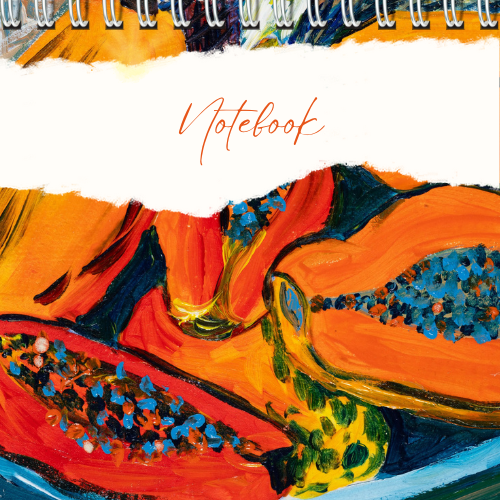 מחברת ספירלה עם הכיתוב "Notebook" וציור פפאיה מופשט בכתום כחול.