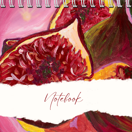 כריכת מחברת ספירלה עם איור תאנים חתוכים, טקסט "Notebook".