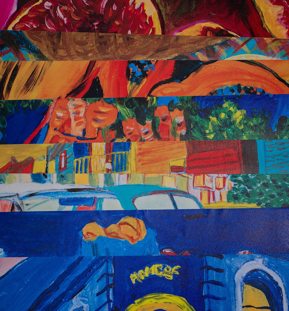 תמונה ממוזערת: קולאז' אמנותי צבעוני מופשט של רצועות ציורים בגוונים שונים.