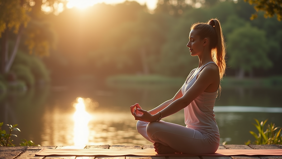 Eye-level view of a woman practicing yoga in a serene environment
