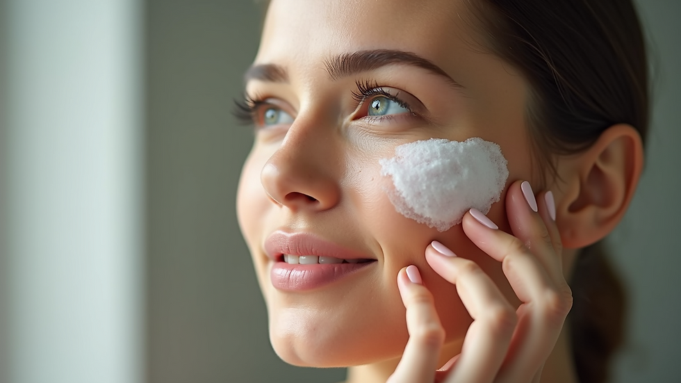 Close-up view of a woman applying a skincare product to her face