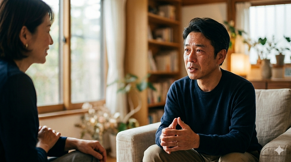 AIコーチングと人間コーチの違いを象徴する、向かい合って対話する二人のコーチングセッション風景