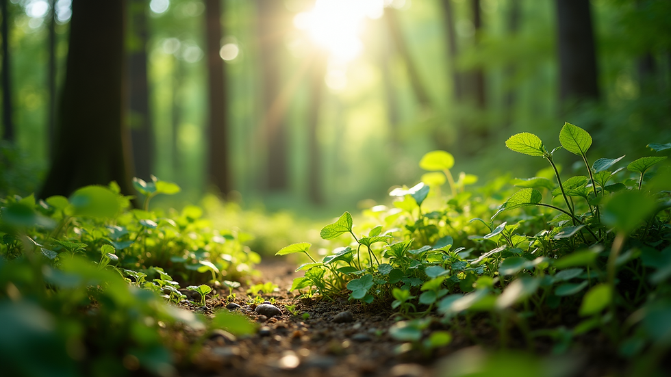 Eye-level view of a serene forest clearing with vibrant green plants and soft sunlight filtering through the trees