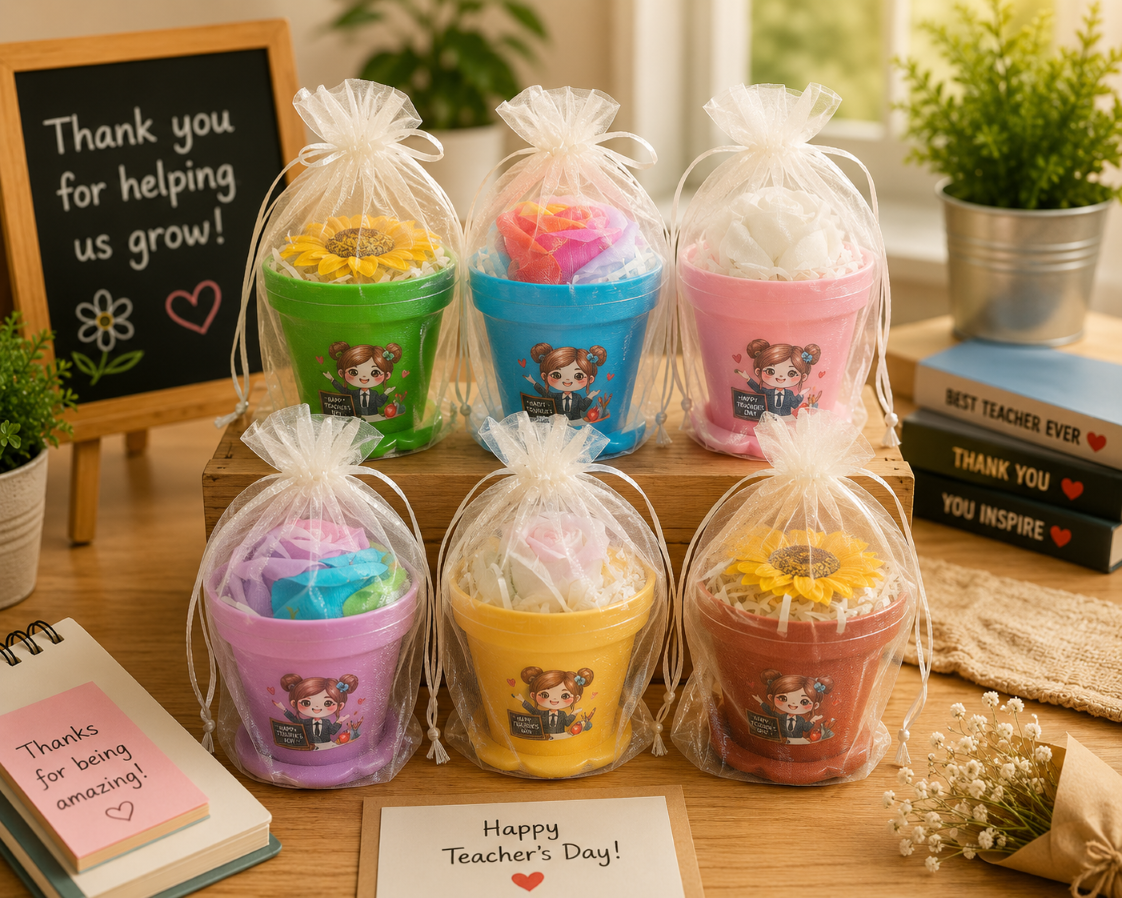 Teacher's Day Soap Flower Pot Gift | Best Teacher Ever | Thank You Cher | Happy