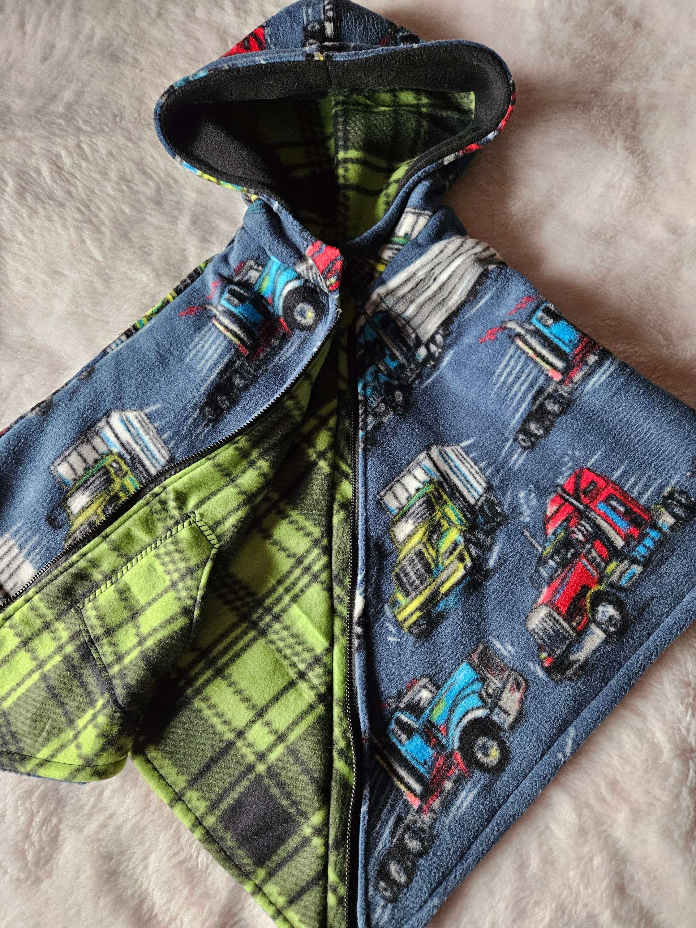 0-3+ years semi trucks on blue with green and black plaid