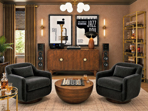 Stylish retro lounge with two black chairs, chess table, jazz posters, wood cabinet, gold shelves, and warm patterned wallpaper.
