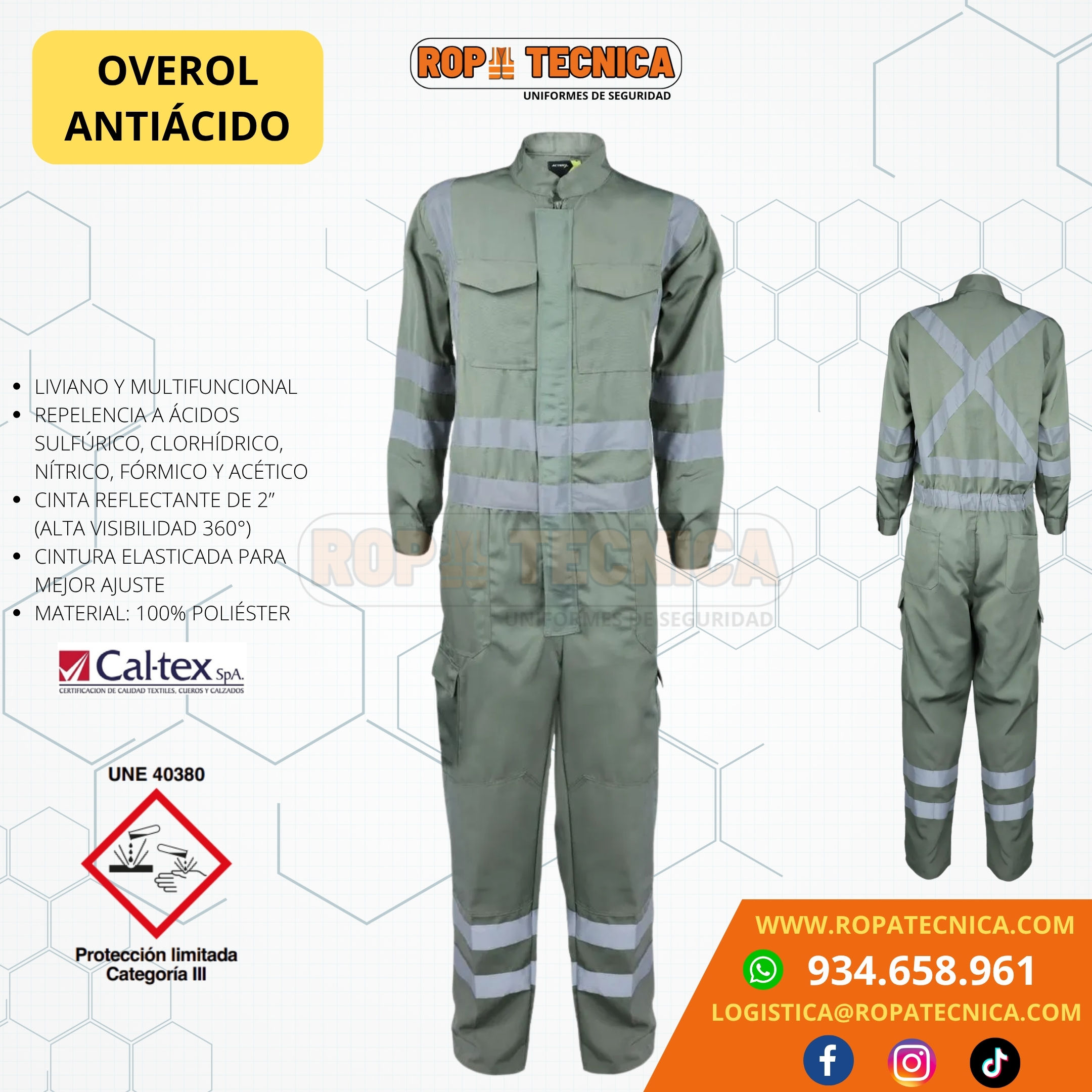 Overol industrial ActiveX Acid Pro verde con cintas reflectantes de 360 grados en vista frontal y trasera, epp de protección