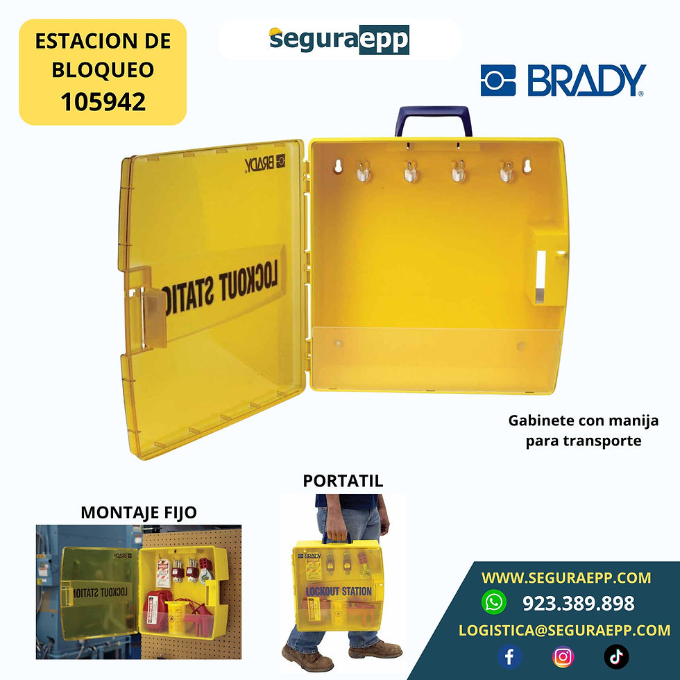 Estación de bloqueo de acceso inmediato Brady 105942 de color amarillo, distribuida por Grupo Segura SAC, con tapa semitransp