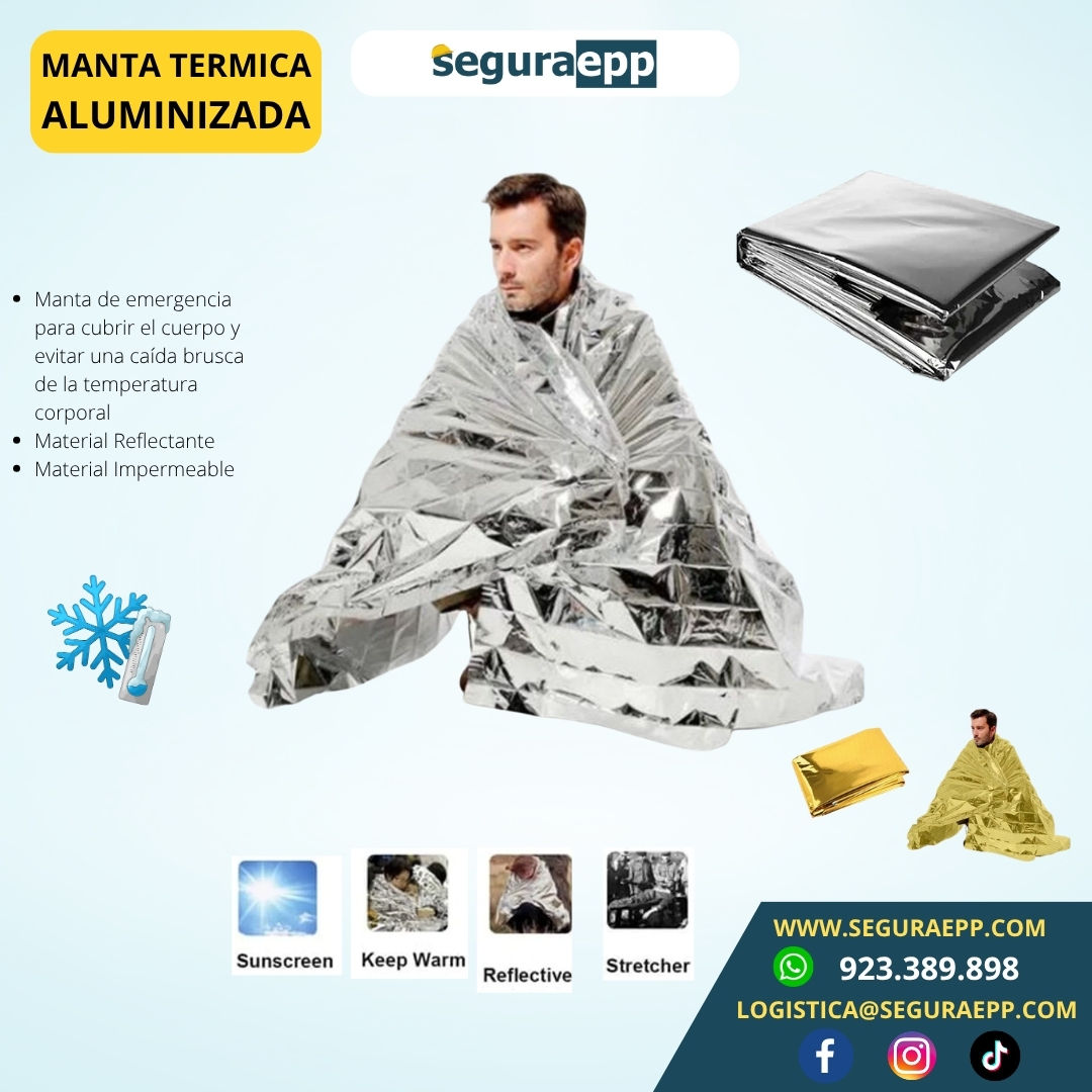 Manta térmica de emergencia aluminizada color plata y oro para primeros auxilios y rescate, material reflectante e impermeabl