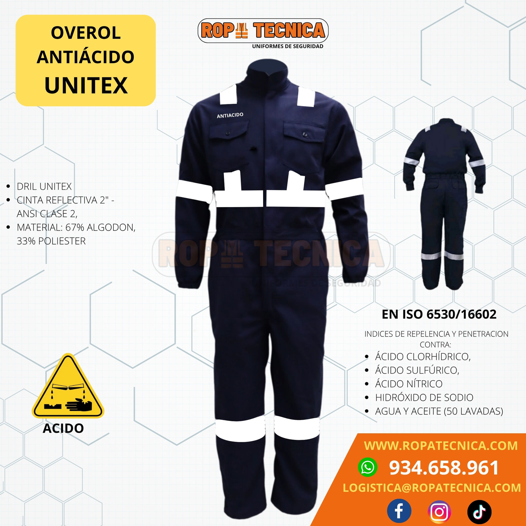 Overol antiácido Unitex color azul marino con cintas reflectantes blancas de 2 pulgadas en vista frontal y posterior, uniform