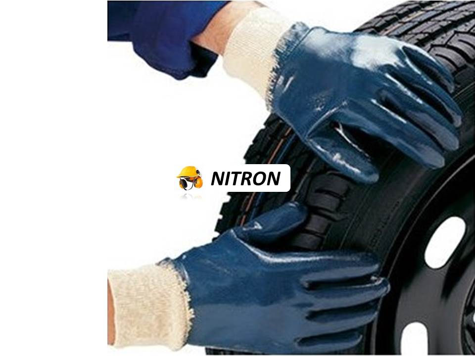 Miniatura: useo del Par de guantes industriales Nitron de color azul con recubrimiento de nitrilo y puño elástico blanco, especializados