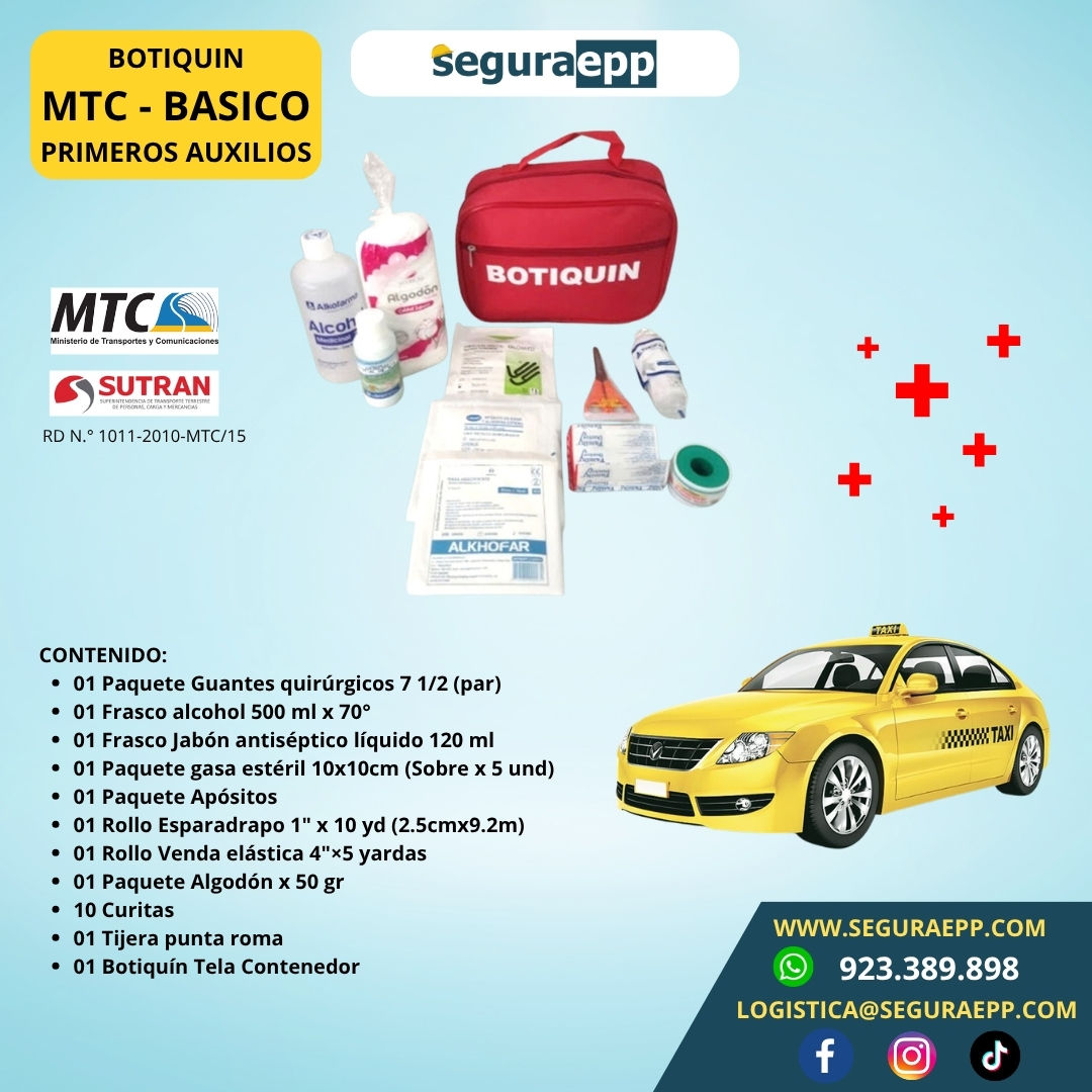 Botiquín de primeros auxilios básico marca SeguraEPP con maletín rojo y contenido médico reglamentario según normativa MTC pa