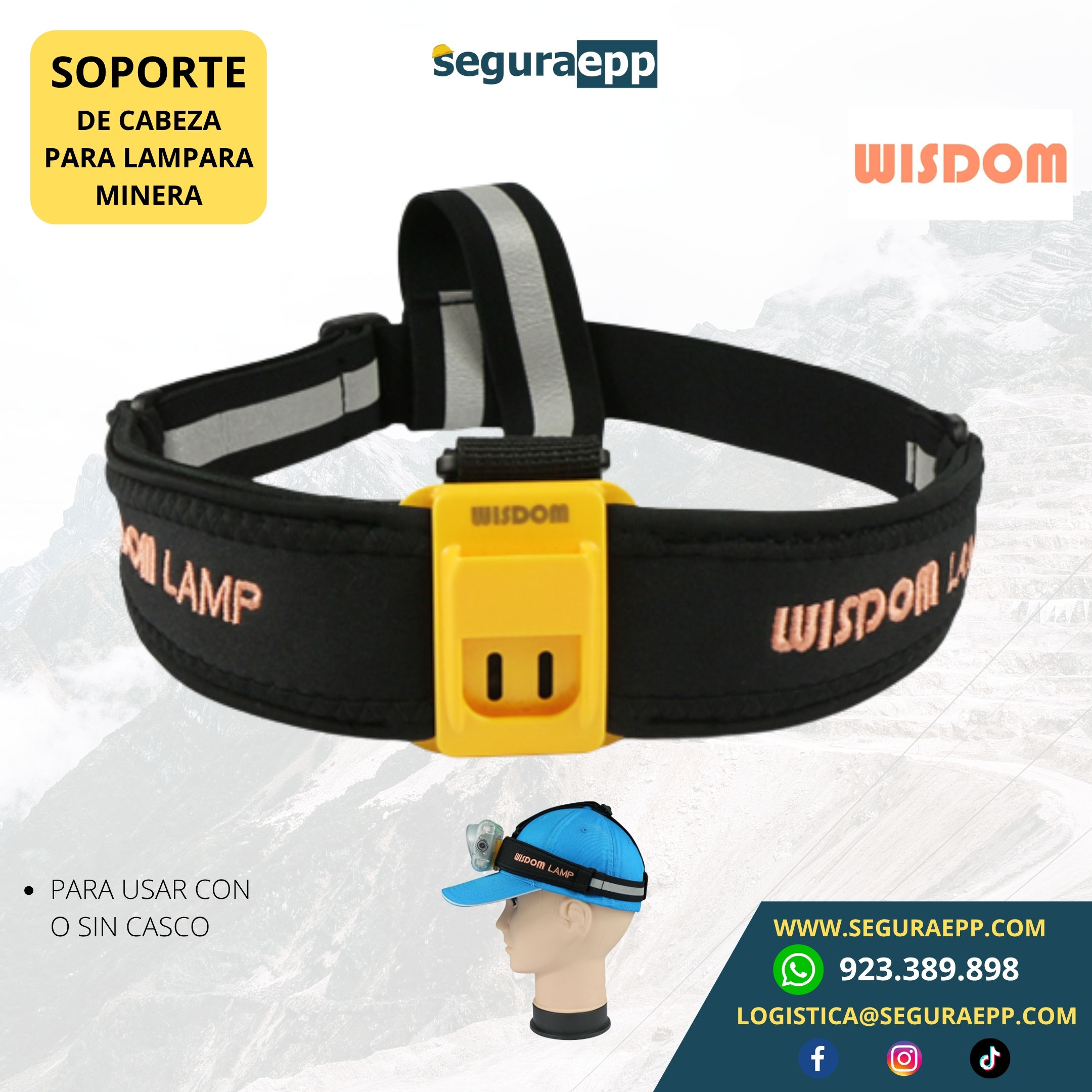 Soporte de cabeza elástico con cintas reflectantes para lámpara minera Wisdom comercializado por Grupo Segura SAC.