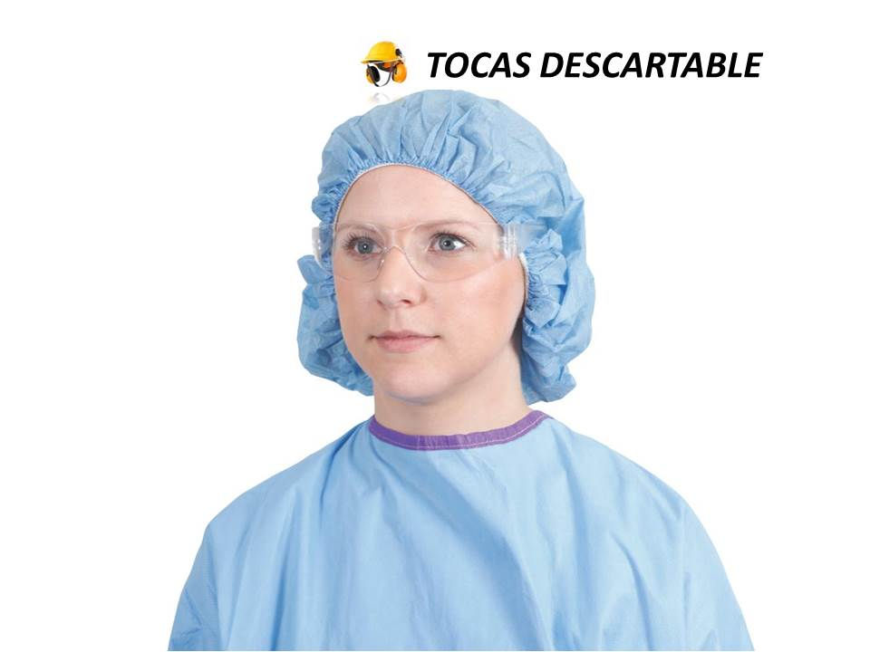 Miniatura: Mujer sonriendo usando una toca descartable blanca tipo tira fabricada en tela no tejida de polipropileno para higiene indust