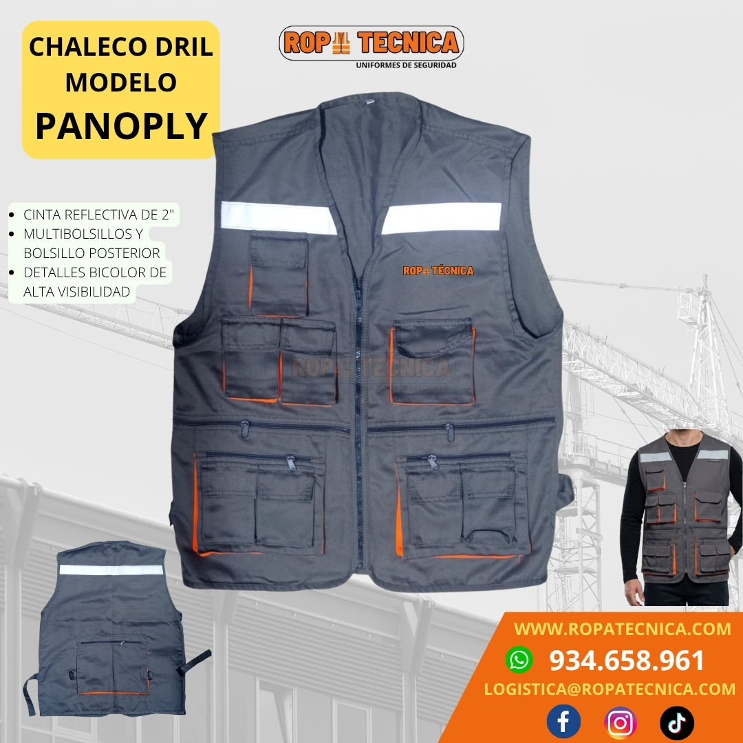 Chaleco de seguridad dril modelo Panoply color gris con bolsillos múltiples, cintas reflectivas de 2 pulgadas y detalles nara