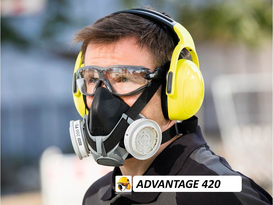 Miniatura: modo de uso Respirador de media cara MSA Advantage 420 de color gris con sistema de arnés ajustable y conectores de bayoneta